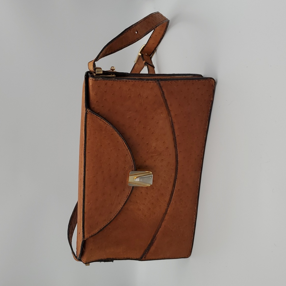 Ostrich leather handbag in cognac - Industria Argentina